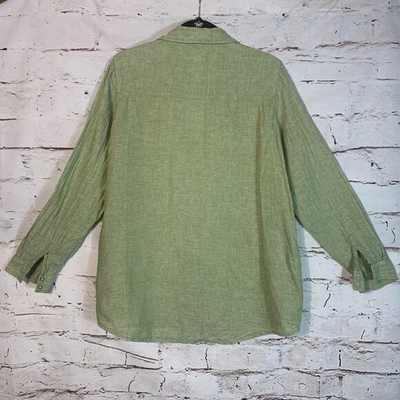 Sigrid Olsen Green Linen Button Up Shirt L Roll Tab Sleeve Coastal Classic Core - Picture 2 of 6
